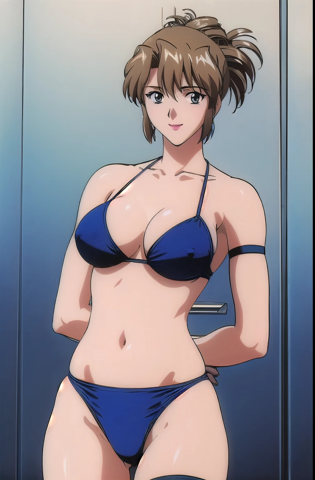masterpiece, best quality, looking at viewer, (upper body:1.7), medium height, ultra detailed, (hands behind back:1.5), (on-shoulders:1.5), (toned arms:1.25), (mini bottom:1.8), (black hair), (smile:1.5), folded ponytail, locker room, bright image, (blue bikini:1.5), hot colors, (leg strap:1.5), closed fists, lip stick, smile, very big breasts with perky nipples, big cleavage, white skin, lights, high brightness, wide hips, groin line, white skin, (long belly:1.3)