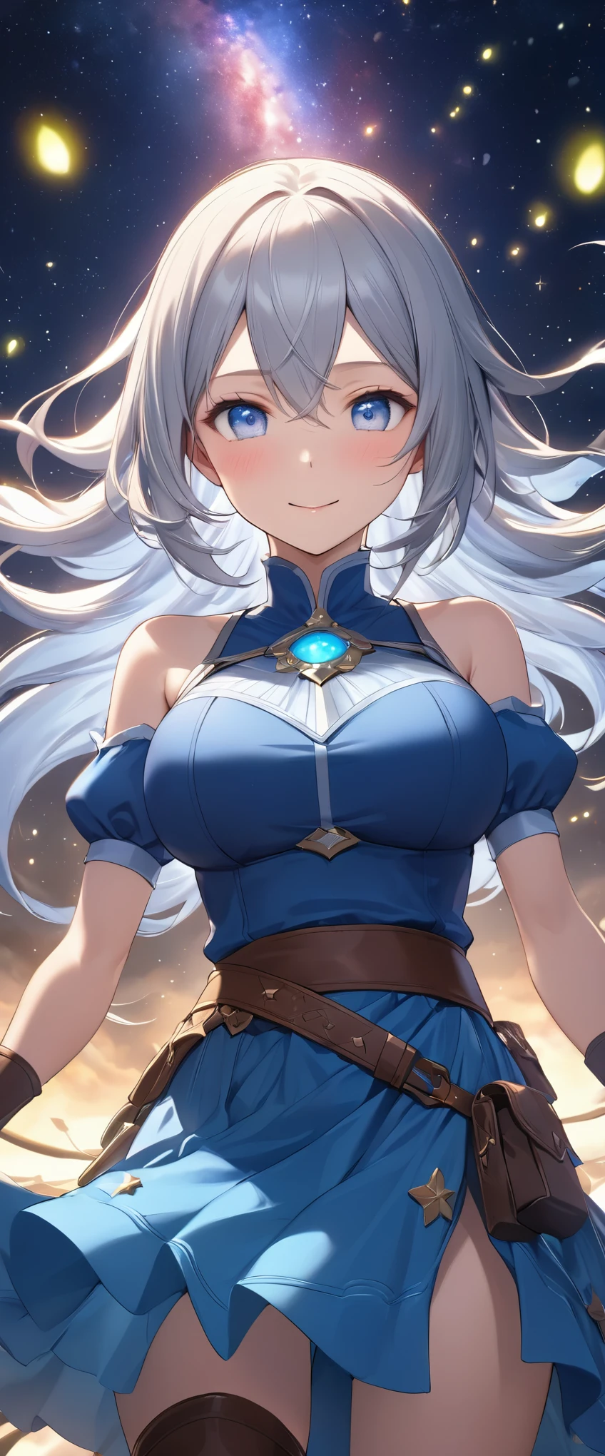 Highest quality, Super quality, 16K, Incredibly absurd, Very detailed, 2.5D, delicate and dynamic, battlefield, Small faint lights and flying fireflies, night, Starry Sky, milky way, nebula, shooting star, Extremely delicate facial expression, Delicate eye depiction, Upper body close-up, sole sexy lady, healthy shaped body, 22 years old lady, final fantacy xvi Jill Warrick, 170cm tall, big firm bouncing busts, white silver long hair, Jill Warrickのコスチューム, blue long skirt, brown leather long boots, Summon Shiva