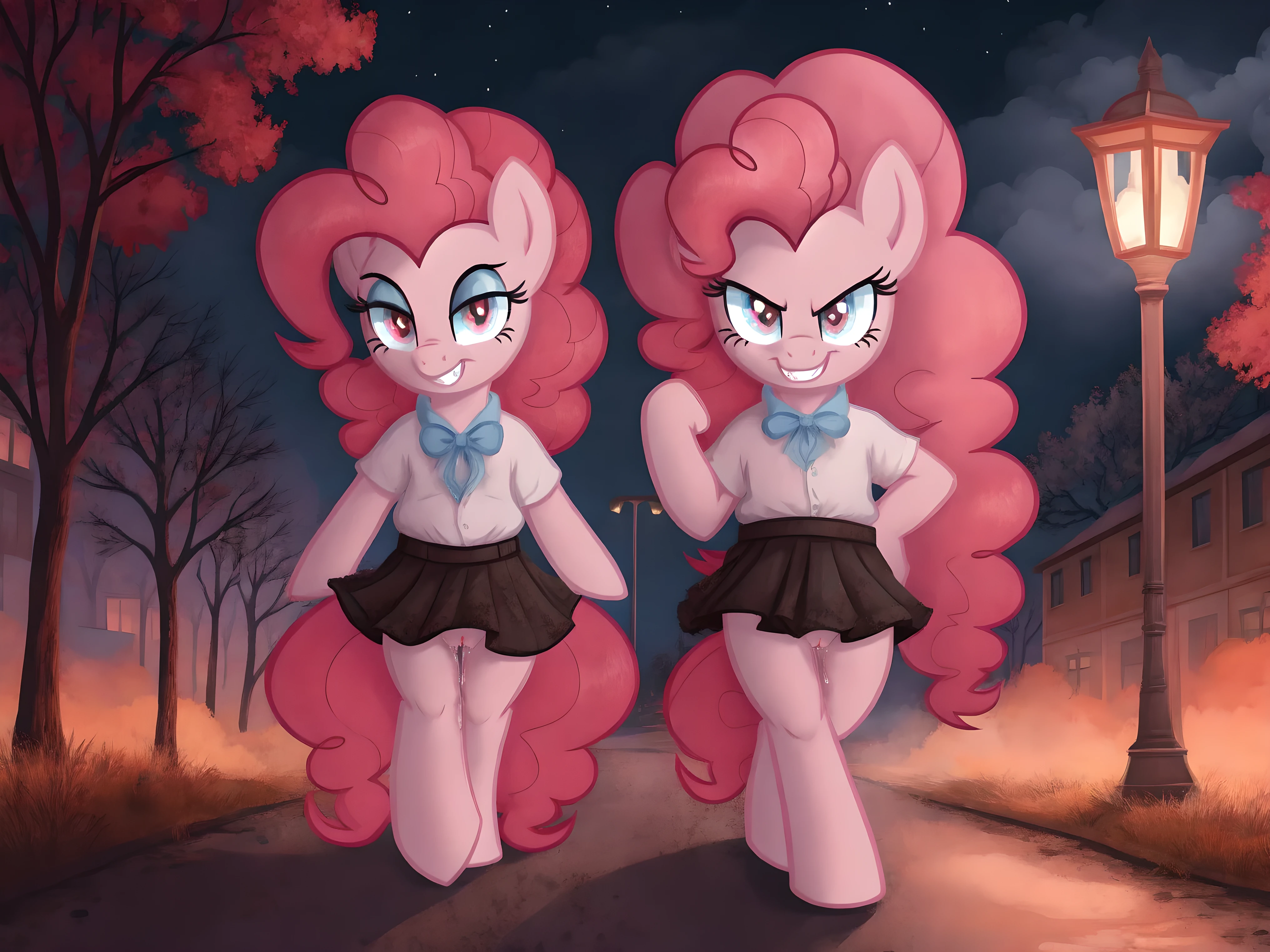 Pinkie pie, pony, walking,  skirt, pussy, pussy juice, vampire teeth, red eyes, glowing eyes, looking at the viewer, smirk, seductive,  in the forest, in public, evening, street lamps, fog, moon, clouds