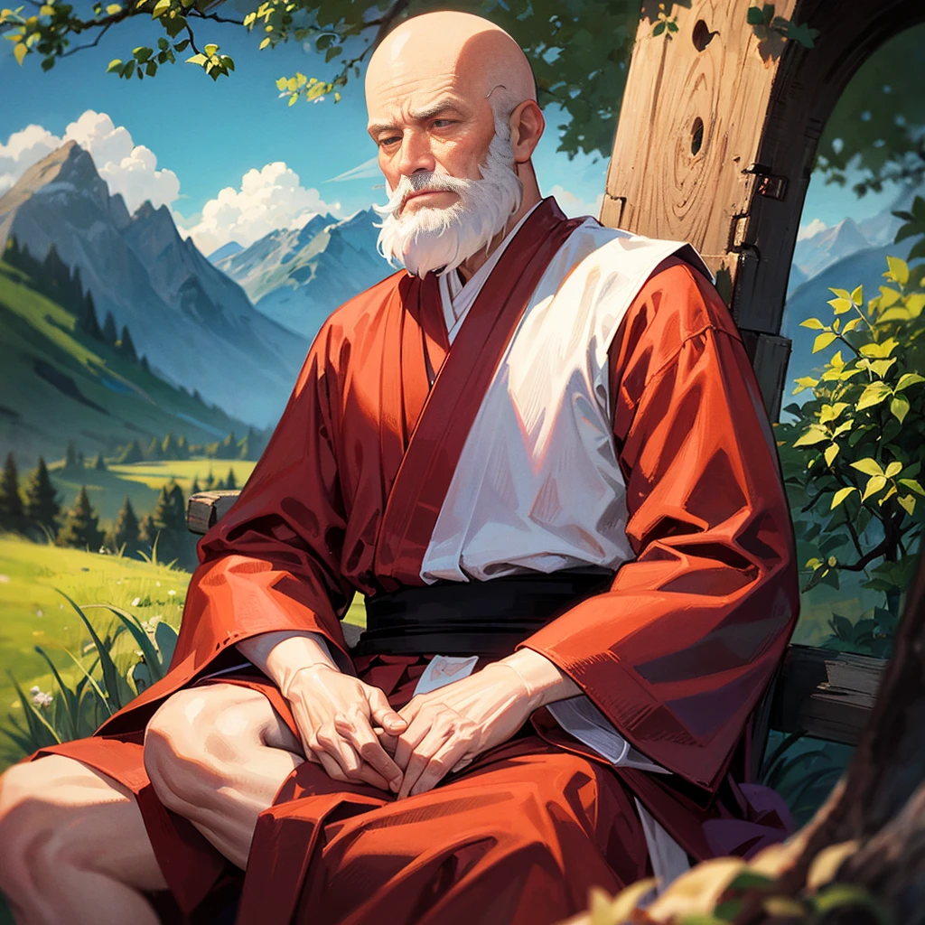 oldman monk, bald , long white beard , Buddhist, meditating, under a tree, on a high mountain, behind are mountains big and small as far as the eye can see, calm, heal the mind.