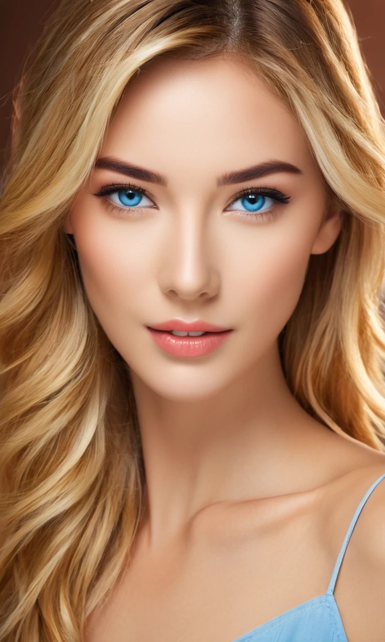 A portrait of a beautiful woman with the following features:
- Straight, long bright blonde hair
- Large, expressive blue eyes with natural makeup and emphasized with eyeliner and mascara
- High cheekbones and a well-defined nose, giving a sculpted and exotic appearance
- Healthy, bronze-colored skin
- Wearing stylish fashion, mixing casual and elegant elements
- A cool, composed expression
- Ensure her facial features do not appear Asian