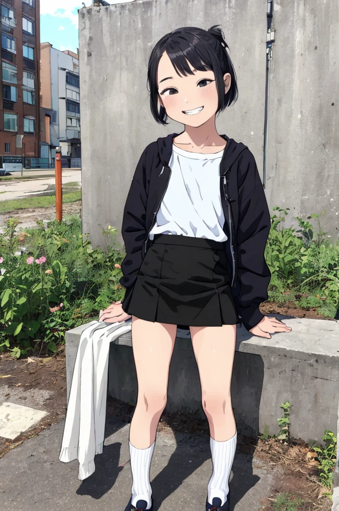 best quality, masterpiece, detailed,2d,flat color, 1girl,,petit,grin,outdoor,miniskirt,socks,