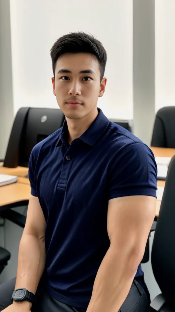 A male police officer in his 20s poses for a group photo., Wear a navy blue polo shirt., high resolution, Masterpiece, best quality, head:1.3,, Smooth and fine skin, clear focus, (movie light), during the night, gentle light, Dynamic angle, (detailed face:1.2), (((exercise))), sport, His arm muscles were very big., hand in crotch, in his office