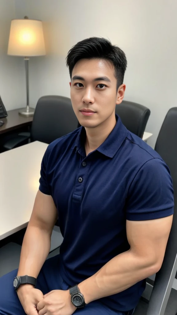 A male police officer in his 20s poses for a group photo., Wear a navy blue polo shirt., high resolution, Masterpiece, best quality, head:1.3,, Smooth and fine skin, clear focus, (movie light), during the night, gentle light, Dynamic angle, (detailed face:1.2), (((exercise))), sport, His arm muscles were very big., hand in crotch, in his office
