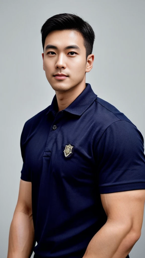 A male police officer in his 20s poses for a group photo., Wear a navy blue polo shirt., high resolution, Masterpiece, best quality, head:1.3,, Smooth and fine skin, clear focus, (movie light), during the night, gentle light, Dynamic angle, (detailed face:1.2), (((exercise))), sport, His arm muscles were very big., hand in crotch, in his office