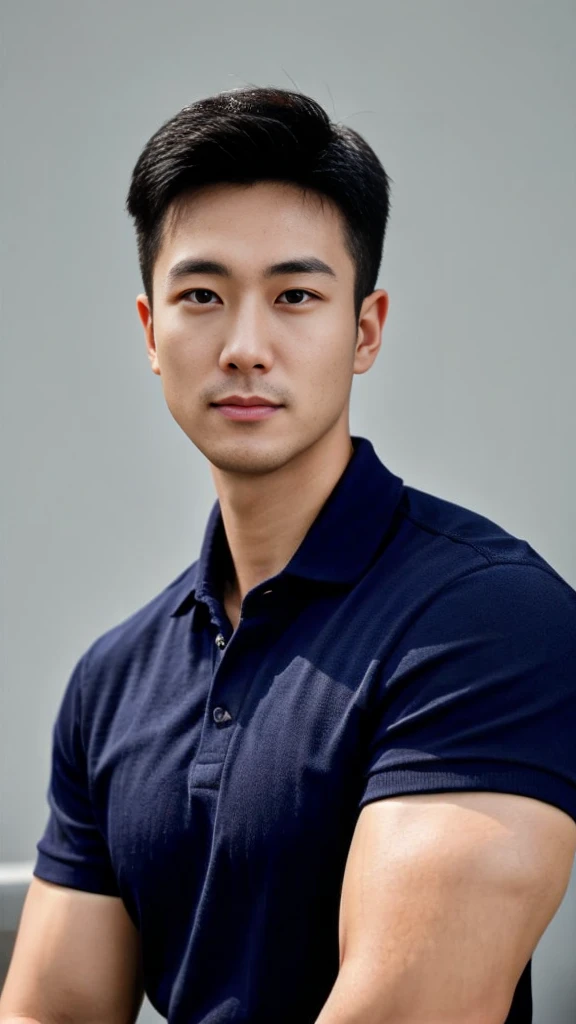 A male police officer in his 20s poses for a group photo., Wear a navy blue polo shirt., high resolution, Masterpiece, best quality, head:1.3,, Smooth and fine skin, clear focus, (movie light), during the night, gentle light, Dynamic angle, (detailed face:1.2), (((exercise))), sport, His arm muscles were very big., hand in crotch, in his office