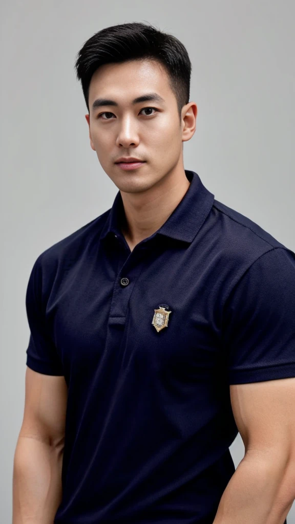 A male police officer in his 20s poses for a group photo., Wear a navy blue polo shirt., high resolution, Masterpiece, best quality, head:1.3,, Smooth and fine skin, clear focus, (movie light), during the night, gentle light, Dynamic angle, (detailed face:1.2), (((exercise))), sport, His arm muscles were very big., hand in crotch, in his office