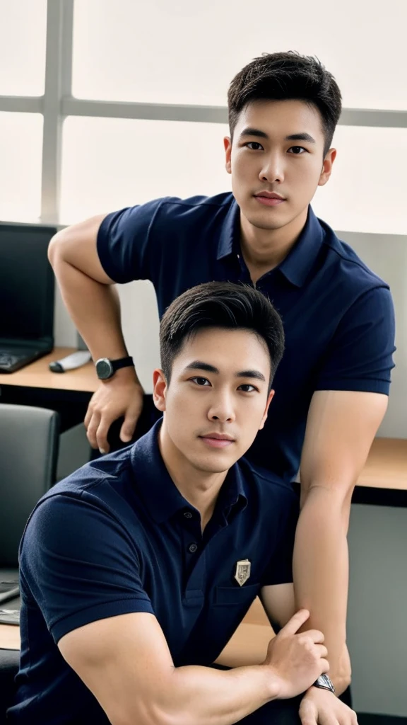 A male police officer in his 20s poses for a group photo., Wear a navy blue polo shirt., high resolution, Masterpiece, best quality, head:1.3,, Smooth and fine skin, clear focus, (movie light), during the night, gentle light, Dynamic angle, (detailed face:1.2), (((exercise))), sport, His arm muscles were very big., hand in crotch, in his office