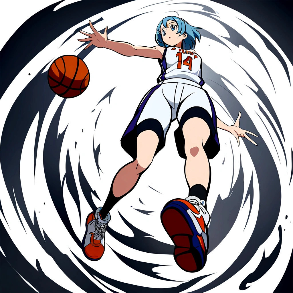 Create images in Japanese anime style. Full body image of age girl wearing basketball uniform. Tight shorts look sexy ((basketball jump shot)) Floating figure, bottom angle shot, extreme low angle shot, without any other elements. in the white background