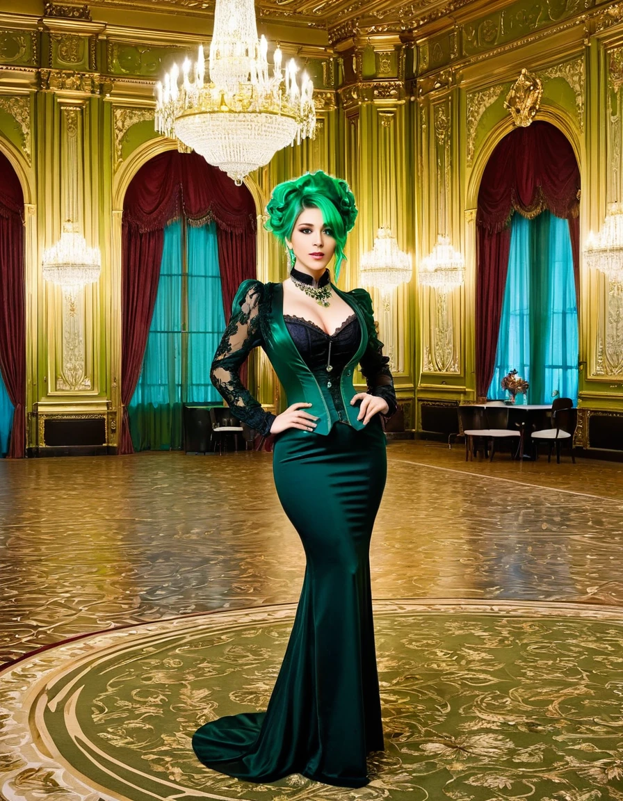 A woman with green hair, dressed in elegant Victorian attire, standing in a lavish ballroom with chandeliers and classical decor.