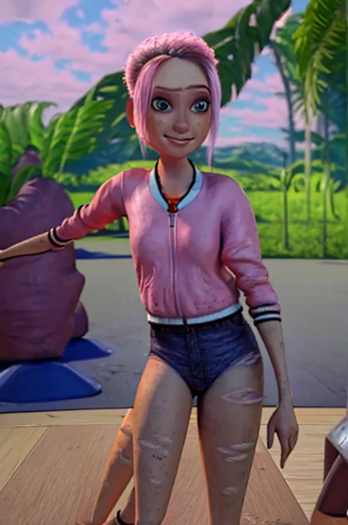 ((masterpiece,best quality)), absurdres,
Brooklynn_Jurassic_Park,  
solo, smiling, looking at viewer, annoyed, hand on hip, 
tropical background, her thighs and pelvis are stuck frozen 