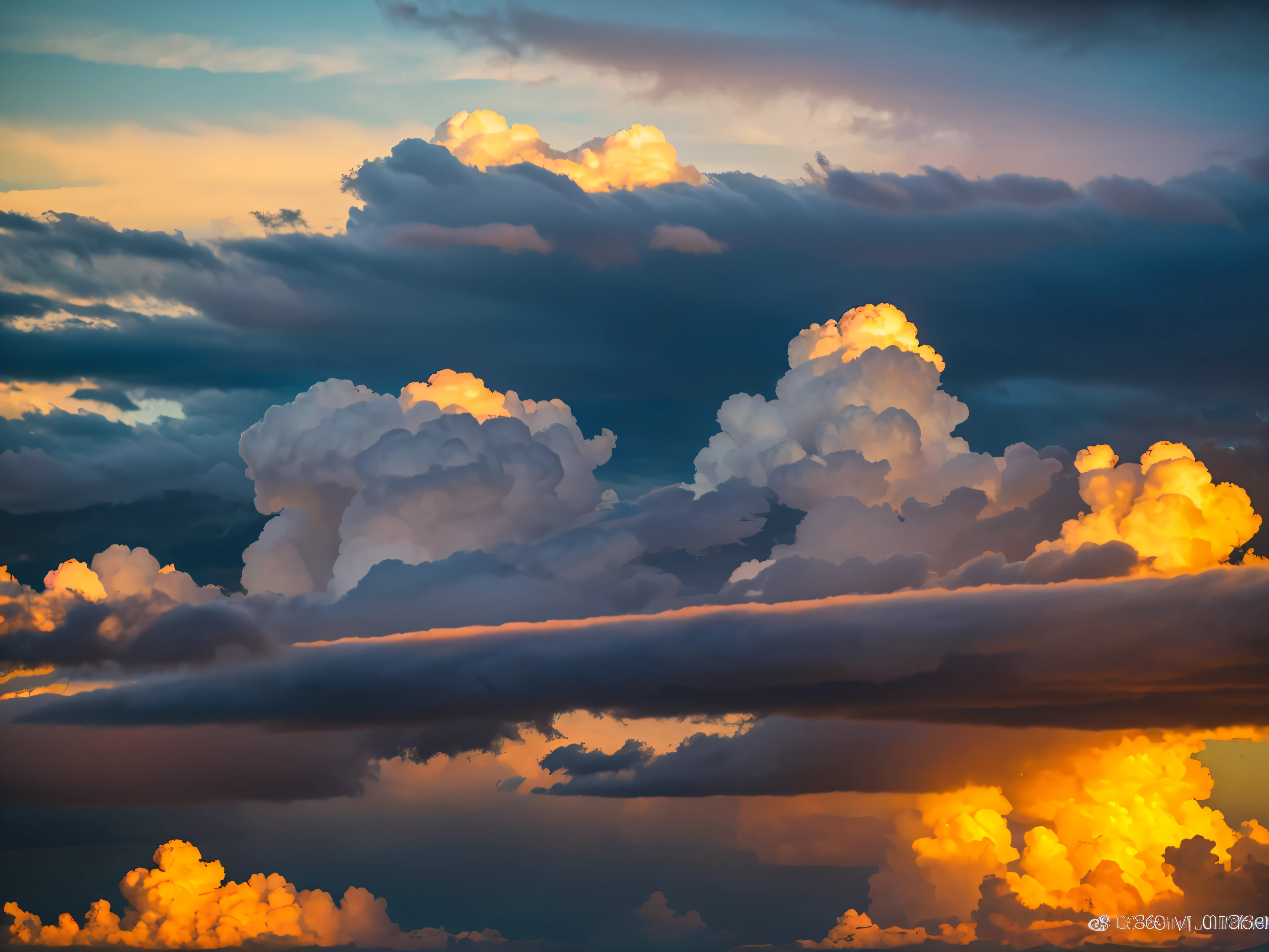 a dramatic cloudy sky, fluffy cumulus clouds, wispy cirrus clouds, golden hour lighting, breathtaking sunset, atmospheric scene, serene landscape, picturesque vista, dramatic lighting, vivid colors, realistic clouds, volumetric cloud formations, detailed cloud textures, (best quality,8k,highres,masterpiece:1.2),ultra-detailed,(photorealistic,photo-realistic:1.37),cinematic composition,natural lighting,atmospheric depth,awe-inspiring
