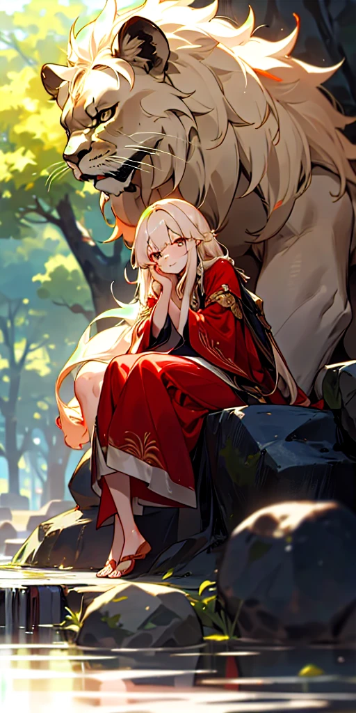 (masterpiece, best quality),1. Giant trees，A huge stone lion background，Big scene，长着白色长发的女孩坐在Giant trees下的石阶上，Sitting in front of a huge stone lion statue， her hand under her chin, Cool lighting, Dressed in a red robe, Blurred foreground，Dark and humid environment