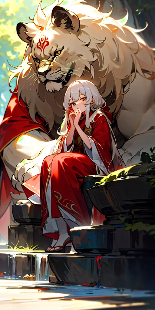 (masterpiece, best quality),1. Giant trees,A huge stone lion background,Big scene,长着白色长发的女孩坐在Giant trees下的石阶上,Sitting in front of a huge stone lion statue, her hand under her chin, Cool lighting, Dressed in a red robe, Blurred foreground,Dark and humid environment