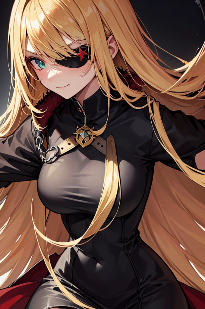 ((masterpiece)), ((best quality)), 1girl, adult, long hair, ((blonde hair)), very long blonde hair, ((intimidant look)), ((close-up)), profile image, green eyes, black and red clothes, sexy, dark colors, brillant eyes, ((coat with fur)), ((wavy hair)), exposed skin, ((sexy pose)), ((intimidant look)), good anatomy, ((dark sage clothes)), ((straight cut bangs)), emotionless, intimidant, ((beautiful eyes)), dark background, close up, ((detailed eyes)), beautiful eyes, ((detailed face)), hair bang, frontal look, evil, relaxed, smile, magical goddess othinus, detailed face, eyepatch, full body, ((detailed))