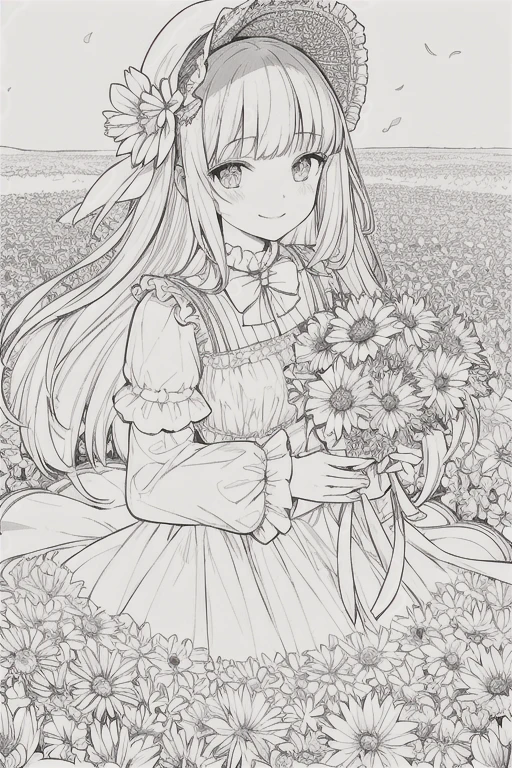 masterpiece, best quality, 1girl, solo, long_hair, looking_at_viewer, smile, bangs, skirt, shirt, long_sleeves, hat, dress, bow, holding, closed_mouth, flower, frills, hair_flower, petals, bouquet, holding_flower, center_frills, bonnet, holding_bouquet, flower field, flower field, lineart, monochrome, 