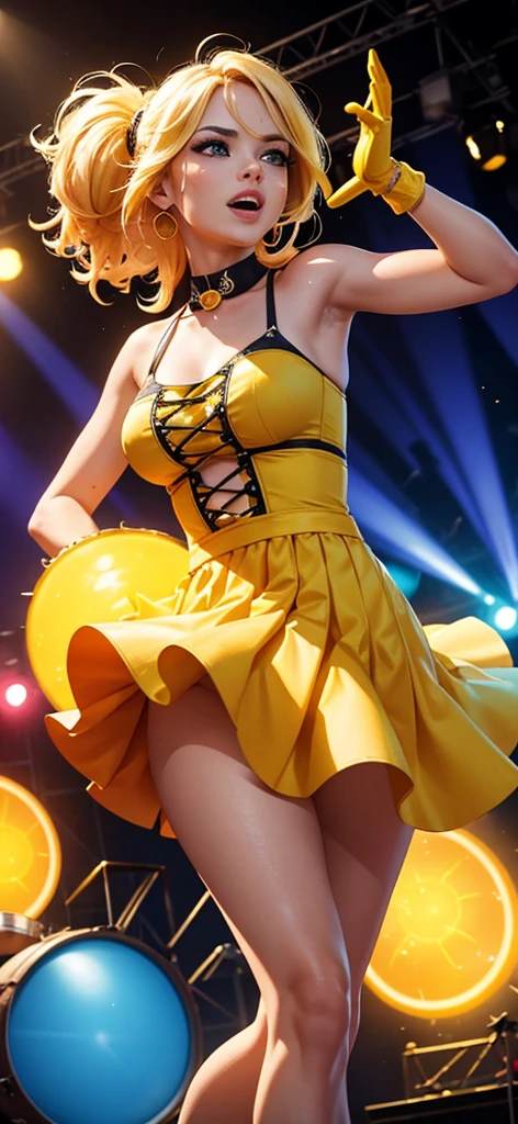 Generate an image of a blonde woman wearing flashy yellow clothes and holding maracas while dancing. Set her in a vibrant and energetic performance setting, such as a lively stage with colorful lights and cheering audience, or a festive event with music and dancing. Capture the charisma and excitement of her performance, showcasing her passion for entertaining and engaging with the crowd. Enhance the image with elements that symbolize entertainment and energy, creating a visually captivating and dynamic scene.