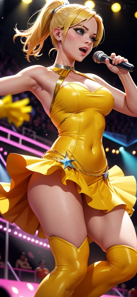 Generate an image of a blonde woman wearing flashy yellow clothes and holding maracas while dancing. Set her in a vibrant and energetic performance setting, such as a lively stage with colorful lights and cheering audience, or a festive event with music and dancing. Capture the charisma and excitement of her performance, showcasing her passion for entertaining and engaging with the crowd. Enhance the image with elements that symbolize entertainment and energy, creating a visually captivating and dynamic scene.