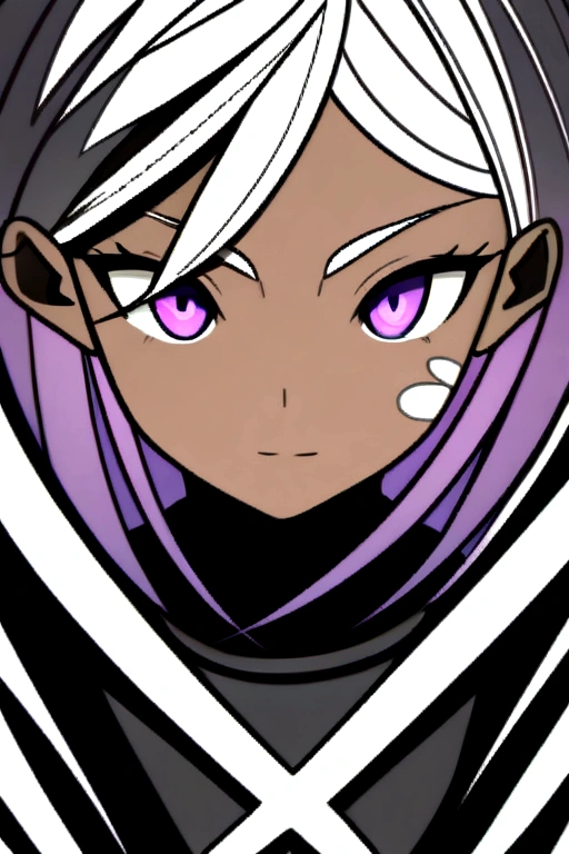 Short white hair girl, dark skin with vitiligo, purple eyes, black clothes