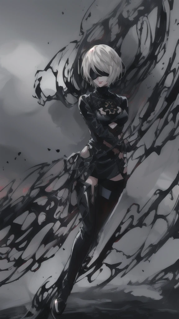 Epic CG masterpiece, hdr,DTM, full ha,8K, ultra detailed graphic tension, dynamic poses, stunning colors, 3D rendering, Surrealism, cinematic lighting effects, Realism, 00 renderer, super realistic, Super view, super wide Angle, HD
blury background,automata inspired、Nier Automata Characters、Nier Automata Cosplay、(High Resolution、4K、highest quality) Inspired by Nier、A girl in a black outfit holding a sword: Automata。Girls、((Both eyes are completely covered with a black blindfold.))、Delicate and beautiful silvery white short hair、Beautiful detailed lips、And has a highly detailed face with fine skin texture。,symbiote,The girl&#39;s black outfit is made of shiny leather material.、Gives a stylish and futuristic look。In his hand he holds a silver sword、Reflecting sunlight。The blade is intricately engraved、Symbiote-infected clothing,The craftsmanship shines through。Girl&#39;s hair blowing in the wind、Adds dynamic movement to the scene。The overall image is realistic and photorealistic.、Sharp focus and vibrant colors、Enhances visual impact。This artwork is from Nier : It captures the essence of Automata.、It pays tribute to the iconic character 2b.。,
depth of field,An ultrarealistic full body photo of woman in fighting venom symbiote, black venom symbiote tentacles, laying deep in dark black liquid , evil smile, evil glowing eyes, hyper realistic, 8K,
1gir, solo,lips, (shiny skin:1.5)skin tight,grey eyes,
spider web print,
