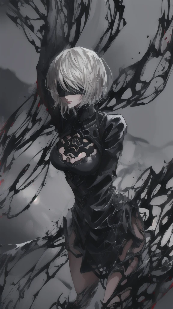 Epic CG masterpiece, hdr,DTM, full ha,8K, ultra detailed graphic tension, dynamic poses, stunning colors, 3D rendering, Surrealism, cinematic lighting effects, Realism, 00 renderer, super realistic, Super view, super wide Angle, HD
blury background,automata inspired、Nier Automata Characters、Nier Automata Cosplay、(High Resolution、4K、highest quality) Inspired by Nier、A girl in a black outfit holding a sword: Automata。Girls、((Both eyes are completely covered with a black blindfold.))、Delicate and beautiful silvery white short hair、Beautiful detailed lips、And has a highly detailed face with fine skin texture。,symbiote,The girl&#39;s black outfit is made of shiny leather material.、Gives a stylish and futuristic look。In his hand he holds a silver sword、Reflecting sunlight。The blade is intricately engraved、Symbiote-infected clothing,The craftsmanship shines through。Girl&#39;s hair blowing in the wind、Adds dynamic movement to the scene。The overall image is realistic and photorealistic.、Sharp focus and vibrant colors、Enhances visual impact。This artwork is from Nier : It captures the essence of Automata.、It pays tribute to the iconic character 2b.。,
depth of field,An ultrarealistic full body photo of woman in fighting venom symbiote, black venom symbiote tentacles, laying deep in dark black liquid , evil smile, evil glowing eyes, hyper realistic, 8K,
1gir, solo,lips, (shiny skin:1.5)skin tight,grey eyes,
spider web print,
