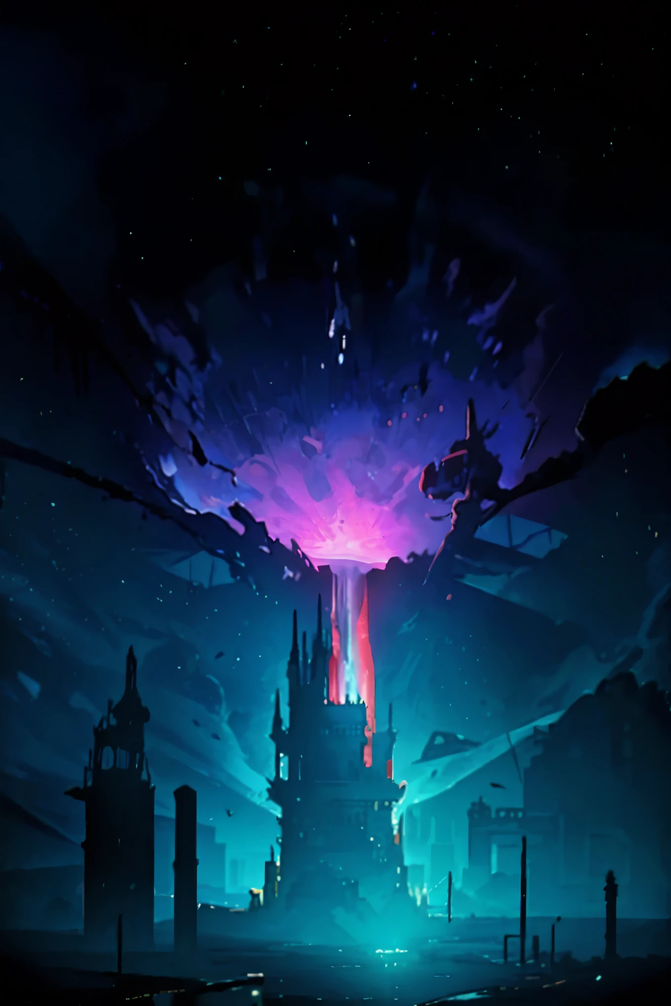 There exists an eerie spectacle of an empty building, a relic of human civilization, drifting aimlessly in the vast expanse of outer space. The once towering structure now stands as a ghostly silhouette against the inky black backdrop of the cosmos. Flickers of stray light from distant stars illuminate its hollow windows and rusty edges, adding a haunting ambiance to this desolate scene.
Perched atop this forsaken structure, there's an unexpected sight: a large, radiant pink and white boar, seemingly out of place among the celestial bodies. Its lustrous fur catches the scant light, casting an ethereal glow over the