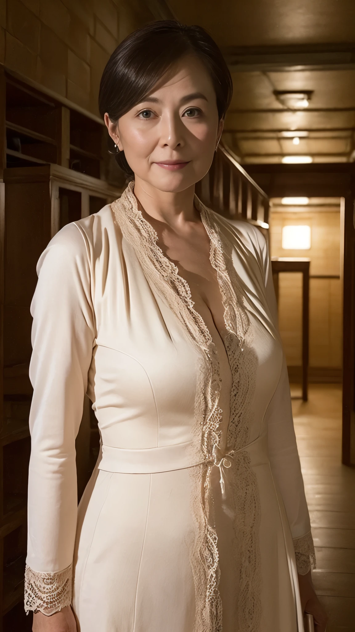 Alluring, gravure, Looking Ahead, In front of the tunnel, From the chest up, masterpiece, Highest quality, Super detailed, Realistic, Highly detailed skin, Perfect Anatomy, (chinese mature woman), (alone), 100 years old, Large Breasts, Mature female politician, Glamour, Sexy, Chromo White Skin, View your viewers