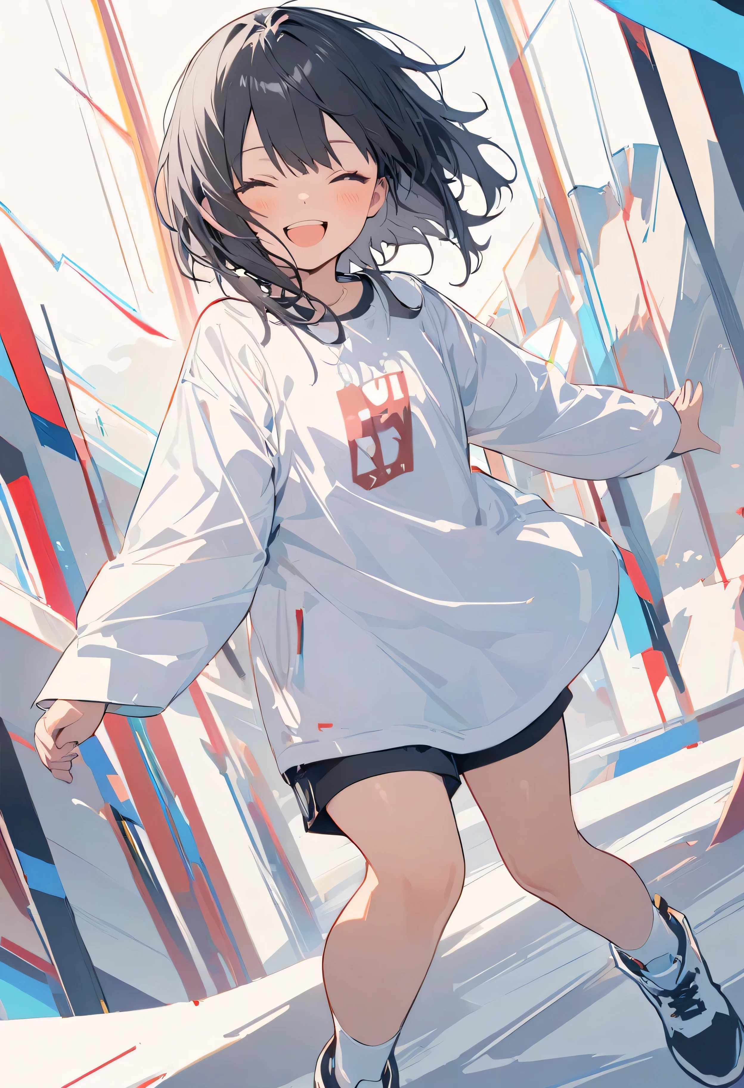 (masterpiece), (Highest quality), (Very detailed), (One Girl), (White clothes), (Black Hair), Full Body Shot, Perfect Anatomy, One Girl, cloud girl, cloud, null, bright, Happy, fun, Dazzling Light, Bauhaus, shape, line, Abstract, 青null, Dynamic Angle, smiling amidst the scenes, 10 years old