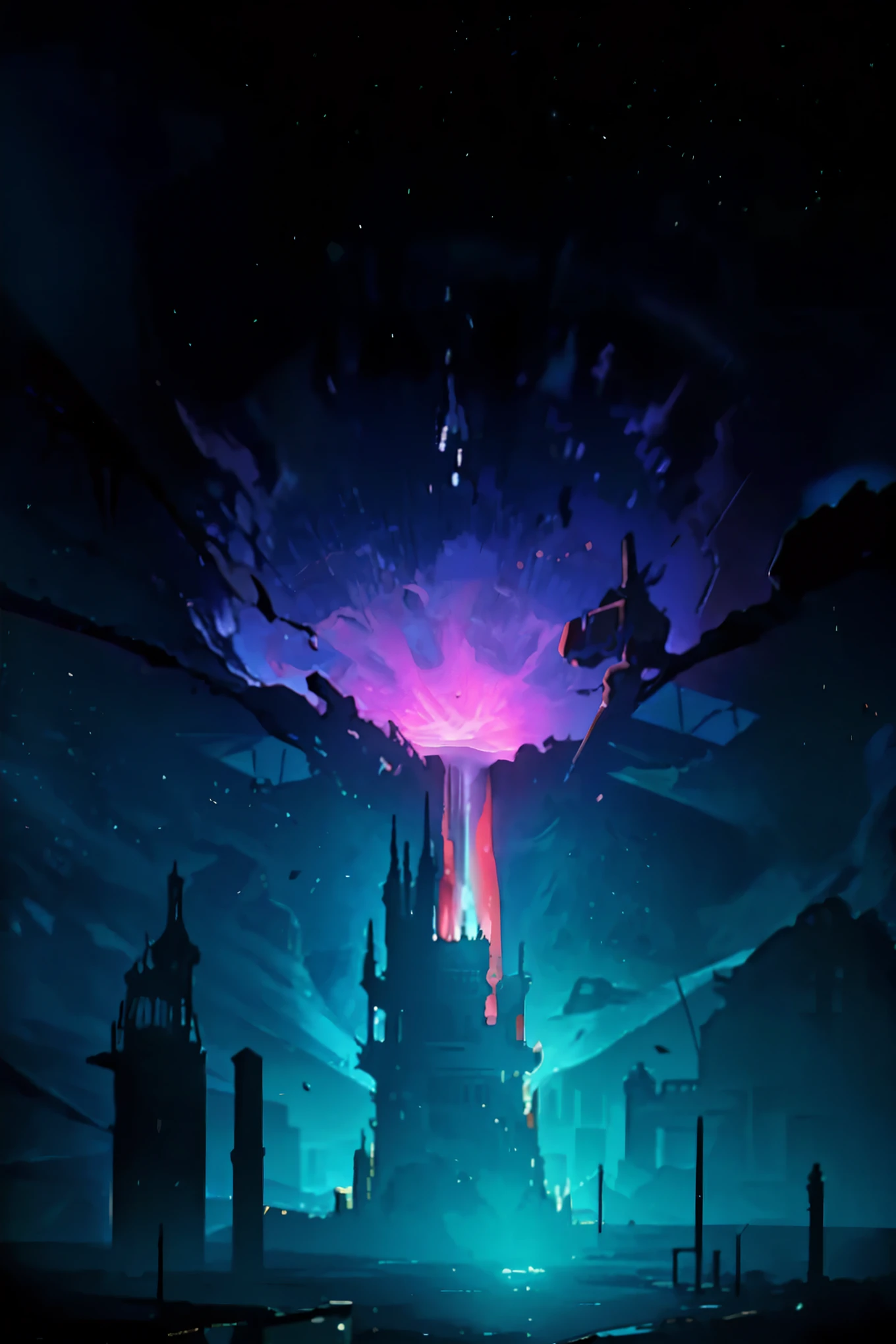 There exists an eerie spectacle of an empty building, a relic of human civilization, drifting aimlessly in the vast expanse of outer space. The once towering structure now stands as a ghostly silhouette against the inky black backdrop of the cosmos. Flickers of stray light from distant stars illuminate its hollow windows and rusty edges, adding a haunting ambiance to this desolate scene.
Perched atop this forsaken structure, there's an unexpected sight: a large, radiant pink and white boar, seemingly out of place among the celestial bodies. Its lustrous fur catches the scant light, casting an ethereal glow over the