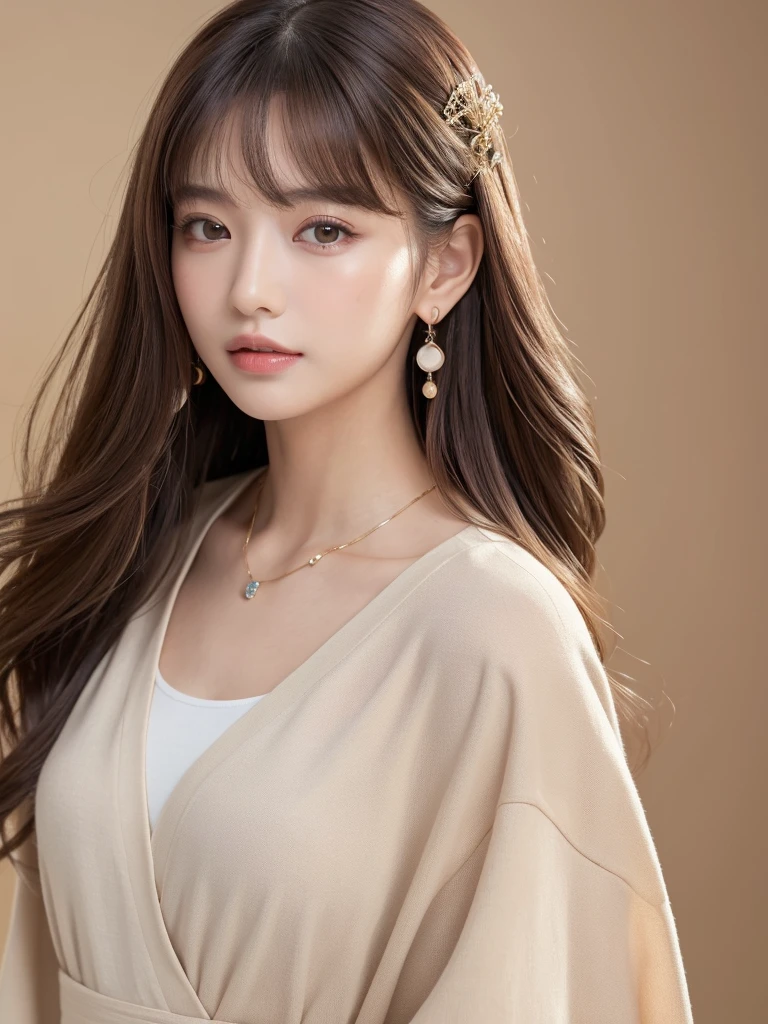 ((Highest quality, 8K, masterpiece:1.3)), concentrate: 1.2, Perfect body beauty: 1.4, Hips: 1.2, ((Long Hair, chest: 1.2)), (Dry clothes: 1.1) , (clear, Simple Background:1.3), Simple clothes: 1.1, Highly detailed face and skin texture,Delicate eyes, double eyelid, Whitened skin, Rough skin、Long Hair、Earrings with bangs、necklace、 solo、Beige coat、White shirt, (((Beautiful girl with cute Japan)))、 ((Beautiful Japanese girl 20 years old))、 ((Baby Face))、 (((Slender body)))、 Upper Body,Face focus、necklace,Simple Background,From above, Realistic Hair、 A photograph was taken:Canon EOS R6、135mm、1/1250 seconds、f2.8、ISO400、(Detailed explanation of the hand)、(Masseter muscle area)、(Exquisite CG)、Long Hair, loose and curly hair、Korean Hair、Long Hair明るいベージュ色、グラデーションハイライトグレージュのゆるふわLong Hairスタイル、
