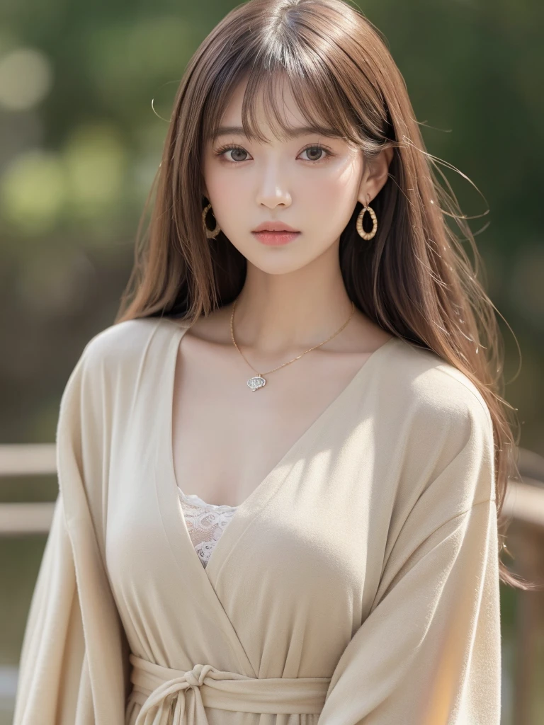  ((Highest quality, 8K, masterpiece:1.3)), concentrate: 1.2, Perfect body beauty: 1.4, Hips: 1.2, ((Long Hair, chest: 1.2)), (Dry clothes: 1.1) , (clear, Simple Background:1.3), Simple clothes: 1.1, Highly detailed face and skin texture,Delicate eyes, double eyelid, Whitened skin, Rough skin、Long Hair、Earrings with bangs、necklace、 solo、Beige coat、White shirt,  (((Beautiful girl with cute Japan)))、  ((Beautiful Japanese girl 20 years old))、 ((Baby Face))、 (((Slender body)))、  Upper Body，Face focus、necklace，Simple Background，From above， Realistic Hair、 A photograph was taken:Canon EOS R6、135mm、1/1250 seconds、f2.8、ISO400、(Detailed explanation of the hand)、(Masseter muscle area)、(Exquisite CG)、Long Hair, loose and curly hair、Korean Hair、Long Hair明るいベージュ色、グラデーションハイライトグレージュのゆるふわLong Hairスタイル、