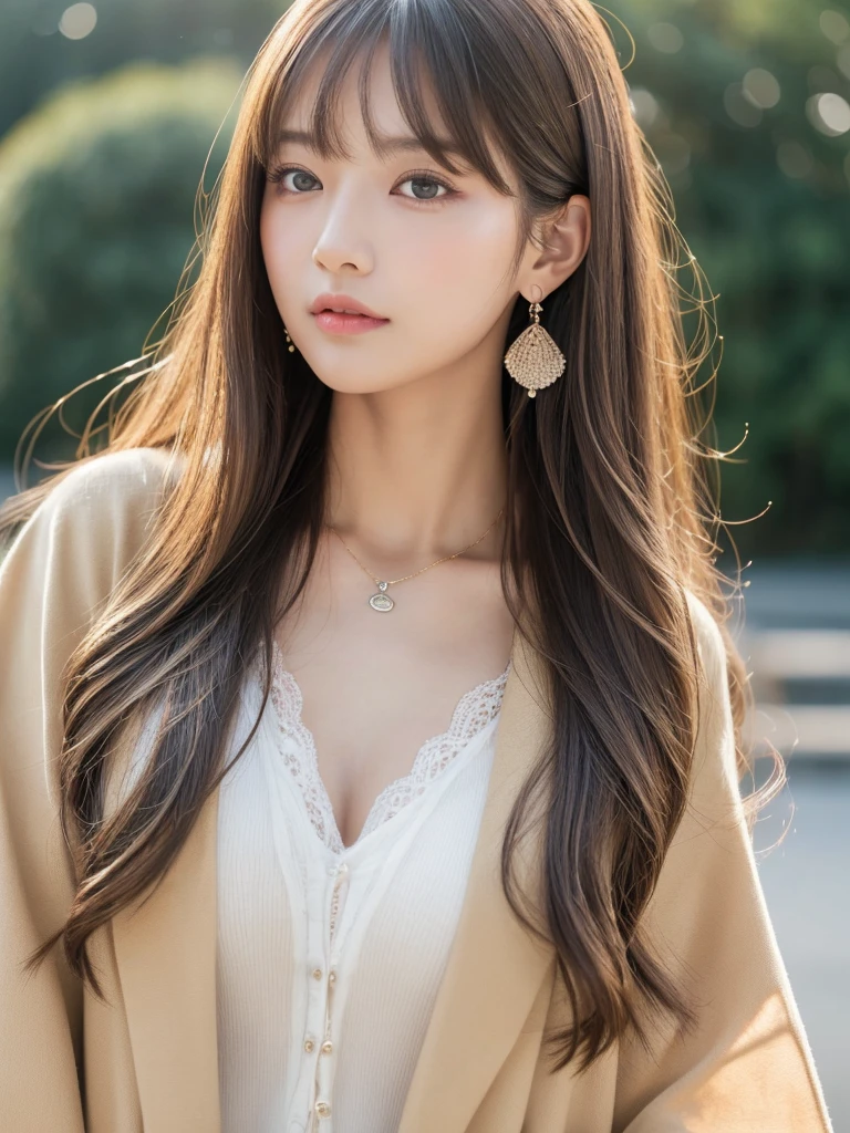  ((Highest quality, 8K, masterpiece:1.3)), concentrate: 1.2, Perfect body beauty: 1.4, Hips: 1.2, ((Long Hair, chest: 1.2)), (Dry clothes: 1.1) , (clear, Simple Background:1.3), Simple clothes: 1.1, Highly detailed face and skin texture,Delicate eyes, double eyelid, Whitened skin, Rough skin、Long Hair、Earrings with bangs、necklace、 solo、Beige coat、White shirt,  (((Beautiful girl with cute Japan)))、  ((Beautiful Japanese girl 20 years old))、 ((Baby Face))、 (((Slender body)))、  Upper Body，Face focus、necklace，Simple Background，From above， Realistic Hair、 A photograph was taken:Canon EOS R6、135mm、1/1250 seconds、f2.8、ISO400、(Detailed explanation of the hand)、(Masseter muscle area)、(Exquisite CG)、Long Hair, loose and curly hair、Korean Hair、Long Hair明るいベージュ色、グラデーションハイライトグレージュのゆるふわLong Hairスタイル、