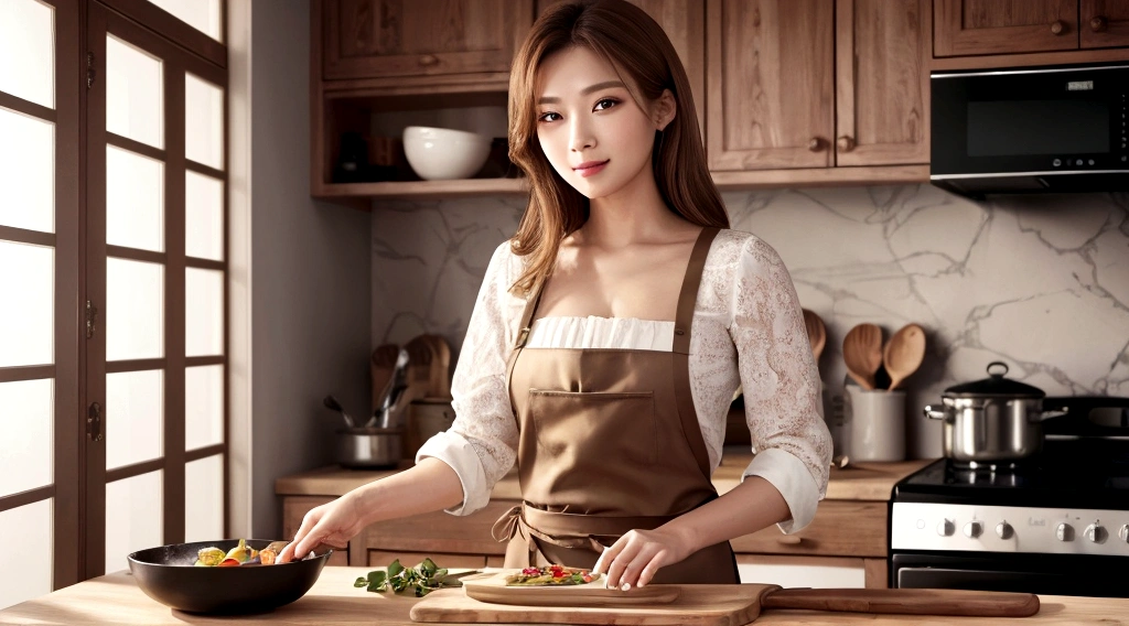 (Best quality, High resolution, 8K, Masterpiece :1.3), A pretty woman, Slender figure, Light brown hair, A woman happily cooking, A woman is cooking a Cooking in a frying pan by herself, Beautiful hands and fingers for cooking, Stylish clothes and an apron, (Cooking in a Western-style kitchen, a bright kitchen), Highly detailed face and skin texture, Detailed eyes, Double eyelid.