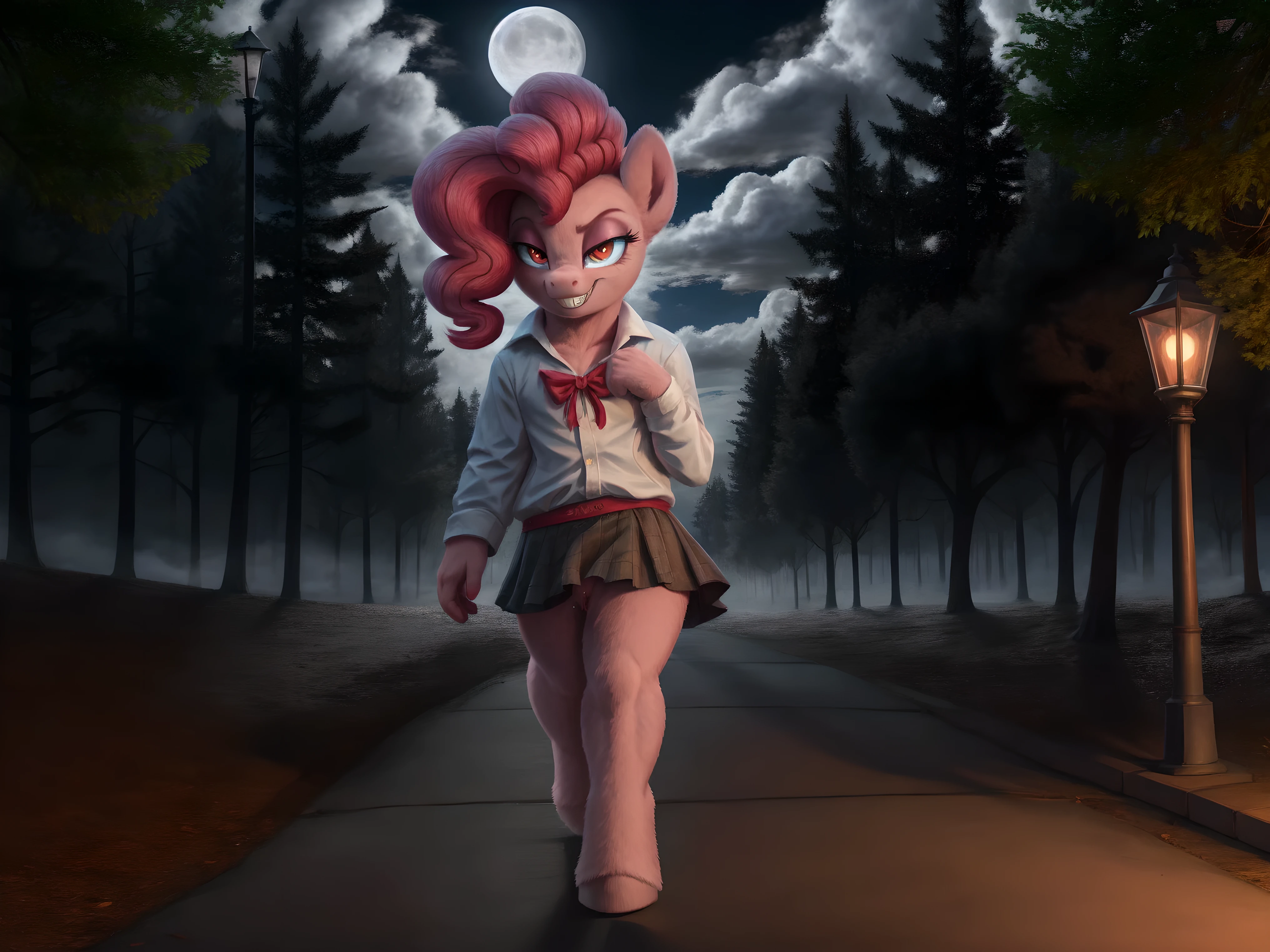 Pinkie pie, pony, walking,  skirt, pussy, pussy juice, vampire teeth, red eyes, glowing eyes, looking at the viewer, smirk, seductive,  in the forest, in public, evening, street lamps, fog, moon, clouds