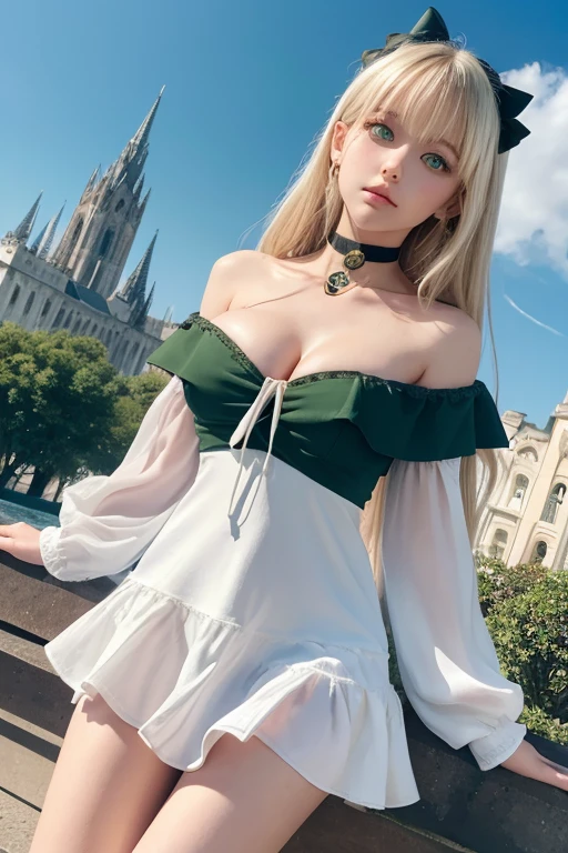 ((Highest quality)), ((masterpiece)), (detailed), One girl, Sexy Dark Magician Girl, Black Magician Girl, Blonde, choker, (Green Eyes:1.5), Long Hair,
break bare shoulders, Blue footwear, blush, blush stickers, Cleavage, The chest is large,clavicle, Duel Monsters, Have, Off the shoulder, Pentacles, wizard Have, (White clothes:1.5),
break looking at viewer,
break outdoors, city,
break (masterpiece:1.2), Highest quality, High resolution, unity 8k wallpaper, (figure:0.8), (Beautiful attention to detail:1.6), 非常にdetailedな顔, Perfect lighting, 非常にdetailedなCG, (Perfect hands, Perfect Anatomy),