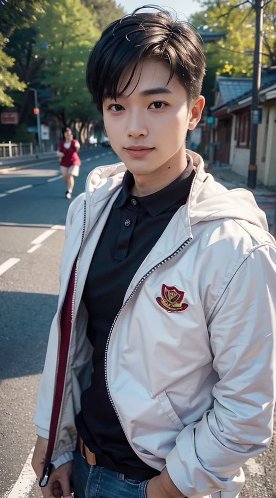 Masterpiece, best quality best, 1 young man, Asian man, East Asian people, one person, The muscles are in good proportion., Posing obscenely, short hair details,smile, white teeth, jacket set, road background, Realistic style,photography,Can be seen from the front, see viewers