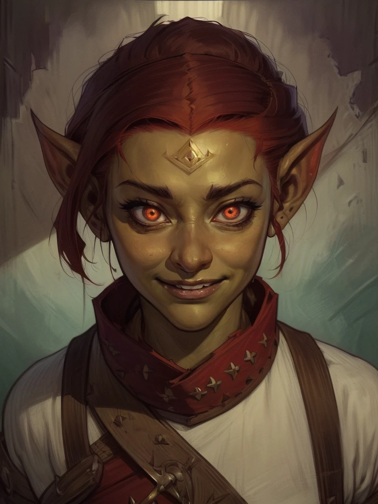 female goblin, goblin, ((g0blin)), DnD Clerics's, dressed like an RPG cleric, medallion, holy symbol, (((red eyes))), (proud:1.4), (confident:1.2), smile, tusks, (short white hair, spiked hair), | (8k, RAW photo, best quality, masterpiece:1.2), ultra-detailed, (high detailed skin:1.2), 8k uhd, dslr, soft lighting, high quality, (centered:1.2), ((LOOKING at the VIEWER)), asura, film grain, highly detailed shading, ((perfect_hands):1), Goodhands-beta2, Detailed eyes, perfect face, perfect eyes, Detailed face, ((gabbie carter)), ((a manga drawing by Kentaro Miura)),