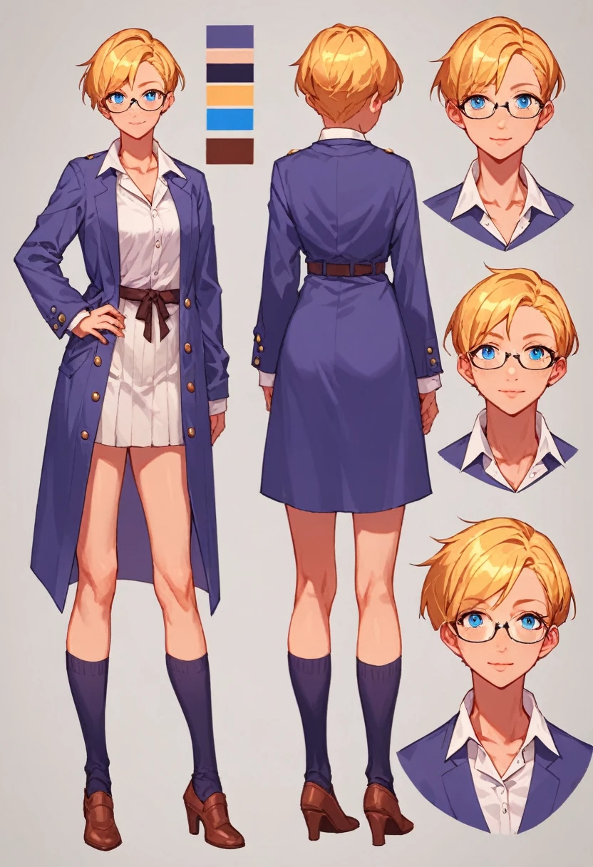 score_9, score_8_up, score_7_up, score_6_up, score_5_up, score_4_up, BREAK source_anime, 1girl, short blonde hair, blue eyes, thin rimmed glasses, witchy ,Creative design, full body, Reference sheet, Character sheet