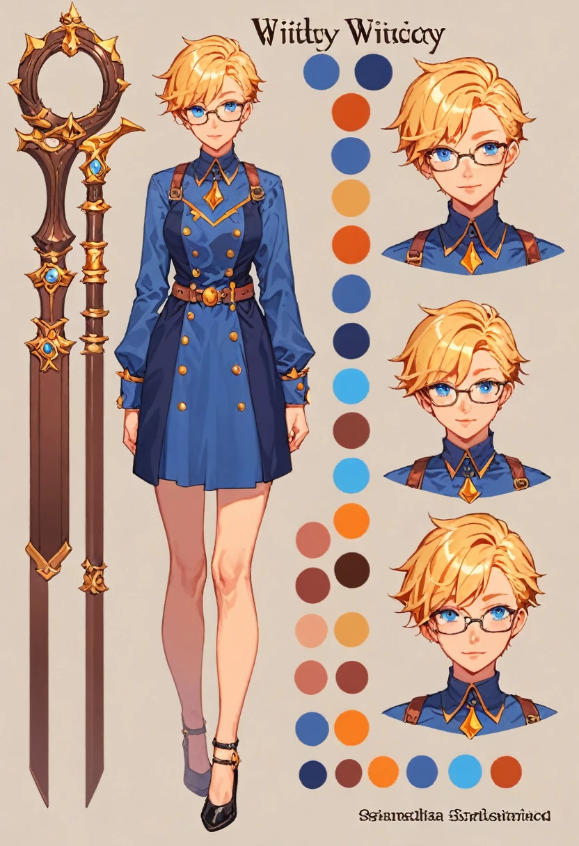 score_9, score_8_up, score_7_up, score_6_up, score_5_up, score_4_up, BREAK source_anime, 1girl, short blonde hair, blue eyes, thin rimmed glasses, witchy ,Creative design, full body, Reference sheet, Character sheet