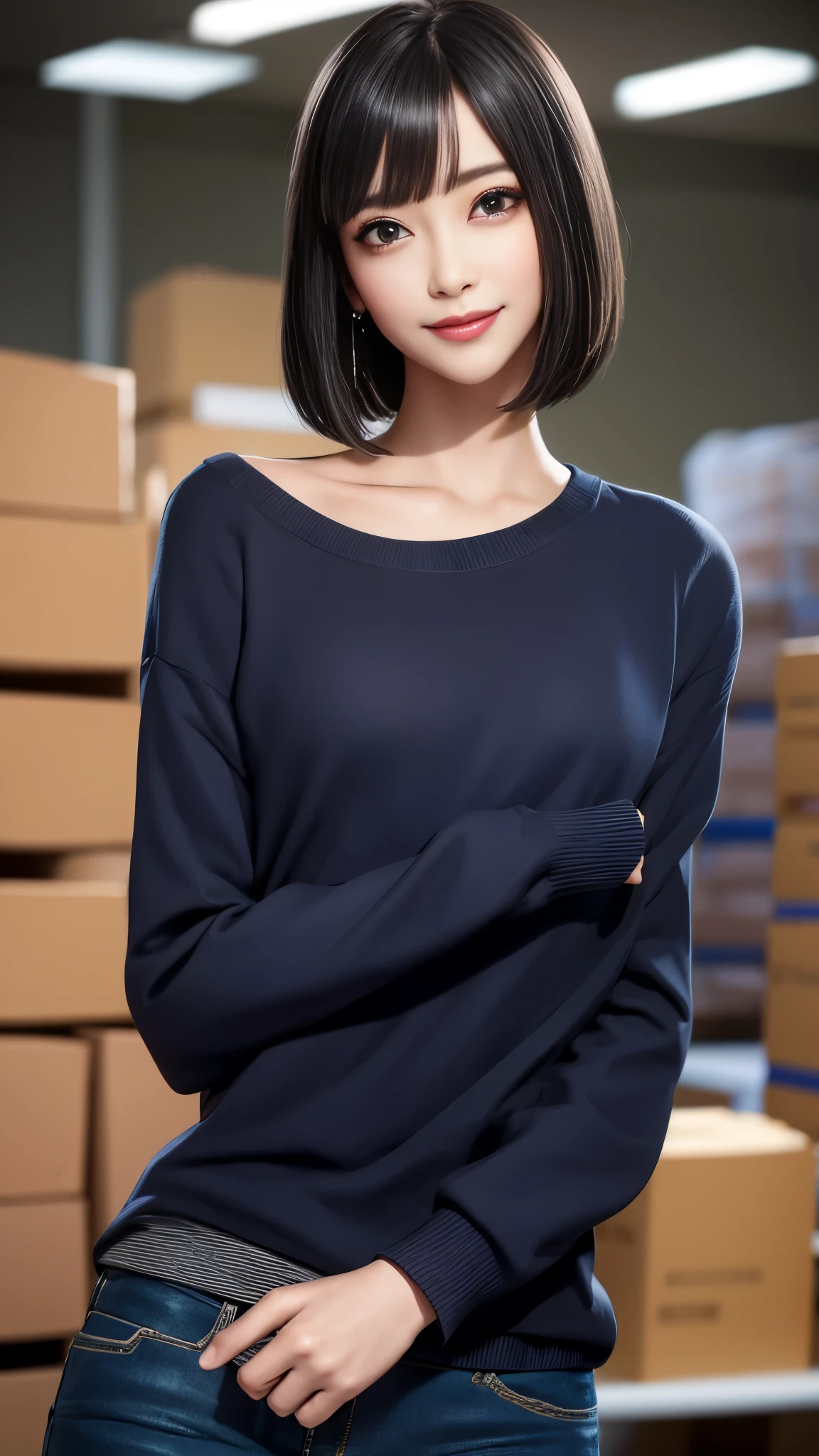 Cinematic lighting、(key light:Front diagonal 45 degrees, fill light、Backlight、shadow、blue and orange color palette), accurate human body、detailed person、Correct five-finger、RAW photo、 4K - ultra-vivid、highest quality, masterpiece, ultra high resolution, (reality: 1.4),
(((oil skin,sparkling skin、realistic skin texture、detailed beautiful skin、shiny skin、shiny skin)))、
upper body shot, camera angle is low, Depth of the bounds written, Focus on the center, fine eyes, perfect face and eyes、
small breasts、black colorful hair、Straight short hair、Thin and small glasses、small face、slender、beautiful feet、tight black sweater and skinny black pants、smile、Inside the warehouse