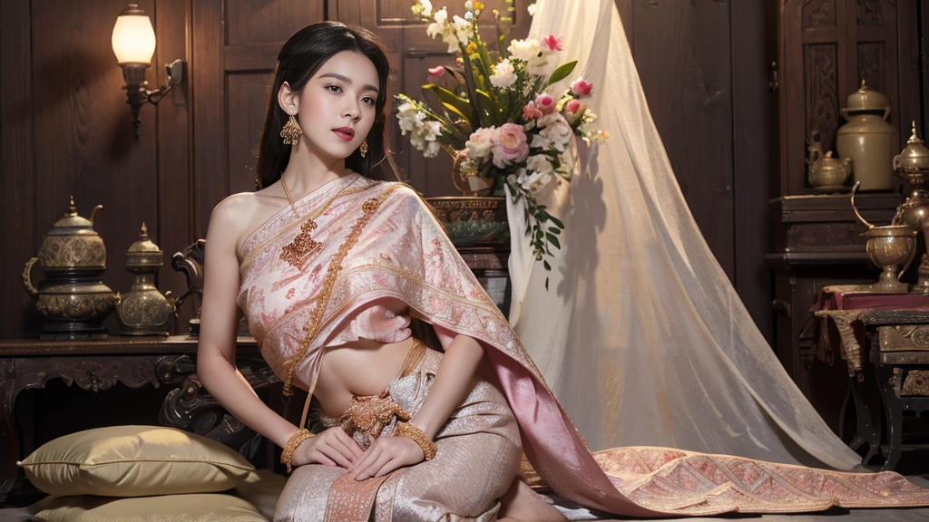 (raw photos:1.2), (realistic:1.4), (Masterpiece:1.3), (best quality:1.4), Ultra high resolution, (Detailed eyes), (Detailed facial features), (Detailed clothing features), HDR, 8k resolution, Focus only, Dressing according to Thai tradition, Traditional shawl , 1 woman , big breasts, A gigantic rift, big breastsดันเสื้อผ้า, big breast, The breasts will fully grow..., Make your breasts bigger.., small waist, Long legs, Facing the audience, full body, depth of field, Cinema-grade lighting system, big breasts, Too big for your body, Revealing a flat stomach, The lower half of the chest can be seen..., Sexy sitting posture, Pictures from eye-catching angles, Correct picture elements, The picture is complete., Modeling, Realistic scene,