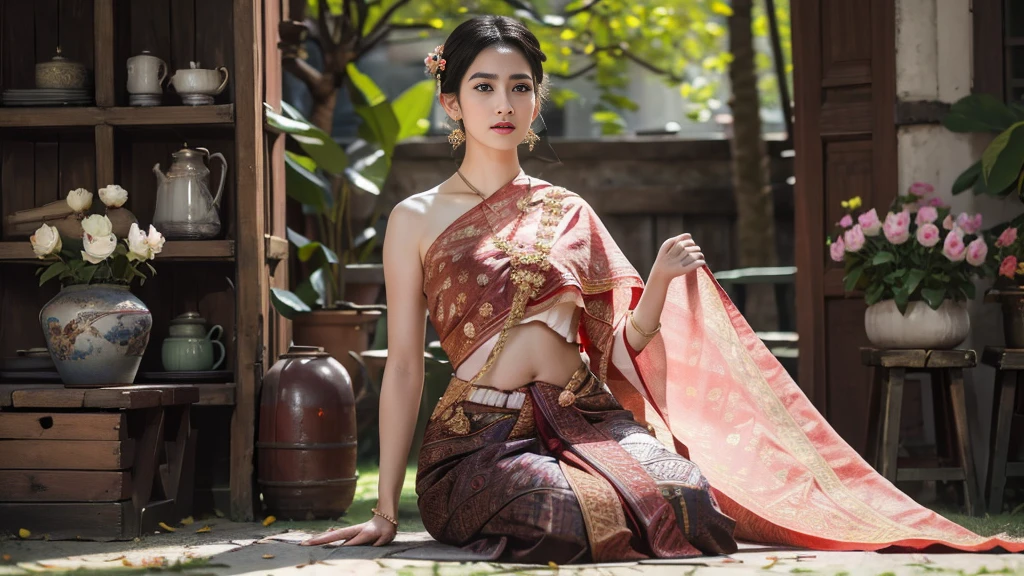 (raw photos:1.2), (realistic:1.4), (Masterpiece:1.3), (best quality:1.4), Ultra high resolution, (Detailed eyes), (Detailed facial features), (Detailed clothing features), HDR, 8k resolution, Focus only, Dressing according to Thai tradition, Traditional shawl , 1 woman , big breasts, A gigantic rift, big breastsดันเสื้อผ้า, big breast, The breasts will fully grow..., Make your breasts bigger.., small waist, Long legs, Facing the audience, full body, depth of field, Cinema-grade lighting system, big breasts, Too big for your body, Revealing a flat stomach, The lower half of the chest can be seen..., Sexy sitting posture, Pictures from eye-catching angles, Correct picture elements, The picture is complete., Modeling, Realistic scene,