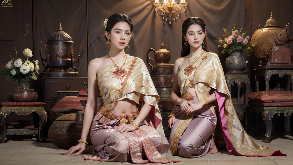 (raw photos:1.2), (realistic:1.4), (Masterpiece:1.3), (best quality:1.4), Ultra high resolution, (Detailed eyes), (Detailed facial features), (Detailed clothing features), HDR, 8k resolution, Focus only, Dressing according to Thai tradition, Traditional shawl , 1 woman , big breasts, A gigantic rift, big breastsดันเสื้อผ้า, big breast, The breasts will fully grow..., Make your breasts bigger.., small waist, Long legs, Facing the audience, full body, depth of field, Cinema-grade lighting system, big breasts, Too big for your body, Revealing a flat stomach, The lower half of the chest can be seen..., Sexy sitting posture, Pictures from eye-catching angles, Correct picture elements, The picture is complete., Modeling, Realistic scene,