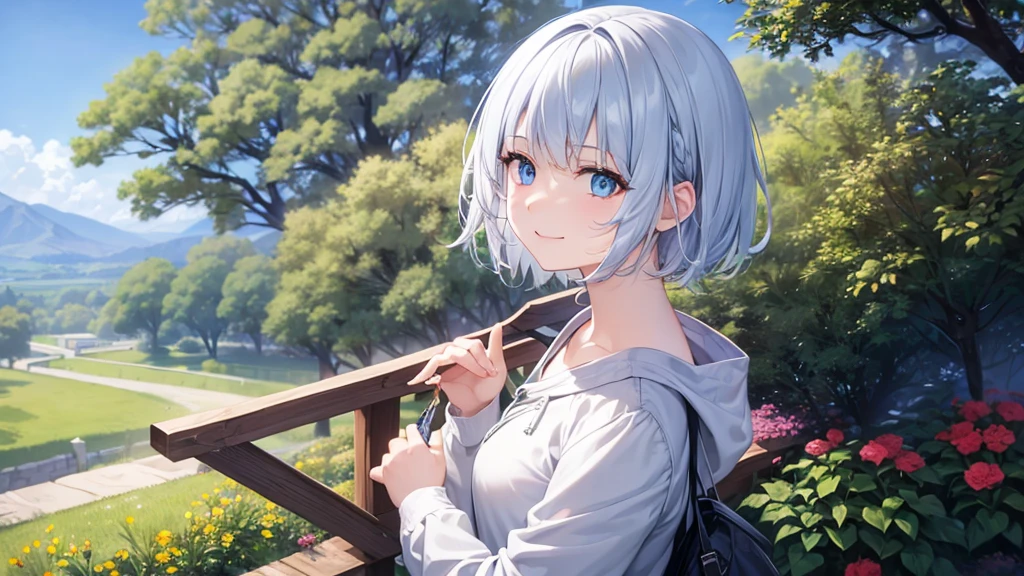 Ultra HD,Look at the viewers, Put your hands behind your back, With a girl, 20-year-old, Very short hair, Long bangs between the eyes, Pale blue eyes, hoodie, skirt , Very detailed,(masterpiece、Highest quality),Gray Hair、Laughter、Fantastic, Silver Hair, Iris, Short hair 、Casual style cowboy shot、Fluttering Hair、Small Face、Bright smile、(Detailed face) ,Professional Lighting,Wonderful landscape,blue sky, sunlight,Looking down from above,Portraiture、Open your mouth、Flower Field