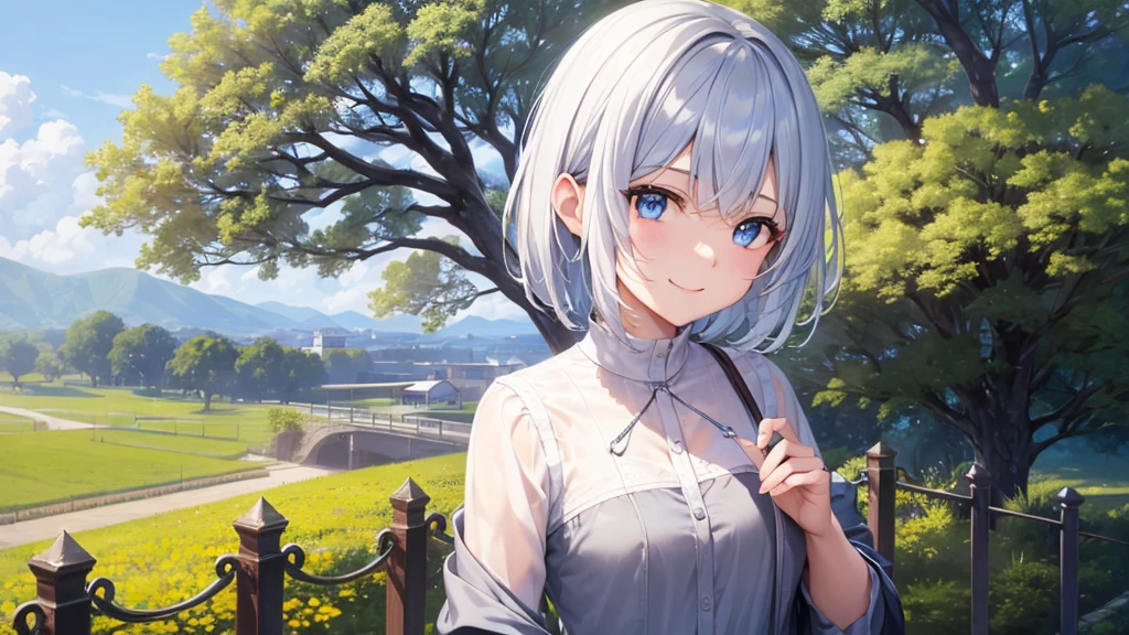 Ultra HD,Look at the viewers, Put your hands behind your back, With a girl, 20-year-old, Very short hair, Long bangs between the eyes, Pale blue eyes, hoodie, skirt , Very detailed,(masterpiece、Highest quality),Gray Hair、Laughter、Fantastic, Silver Hair, Iris, Short hair 、Casual style cowboy shot、Fluttering Hair、Small Face、Bright smile、(Detailed face) ,Professional Lighting,Wonderful landscape,blue sky, sunlight,Looking down from above,Portraiture、Open your mouth、Flower Field