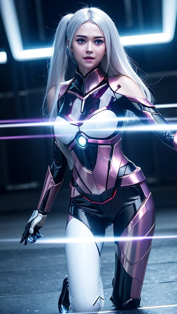 1girl, ultra realistic, ultra crisp, NVIDIA RTX, unreal engine, perfect slim body, realistic face, perfect face, realistic body, epic skin details, white hair, hyper rendering, ultra details, glowing eyes, purple eyes, blush, parted lips, cybernetic ear, cybernetic metalic hands, cybernetic metalic legs, luminous cybernetic futuristic metalic mechanical body, ultra realistic lights reflection details, ((full body shown)), from below, posing in the middle.