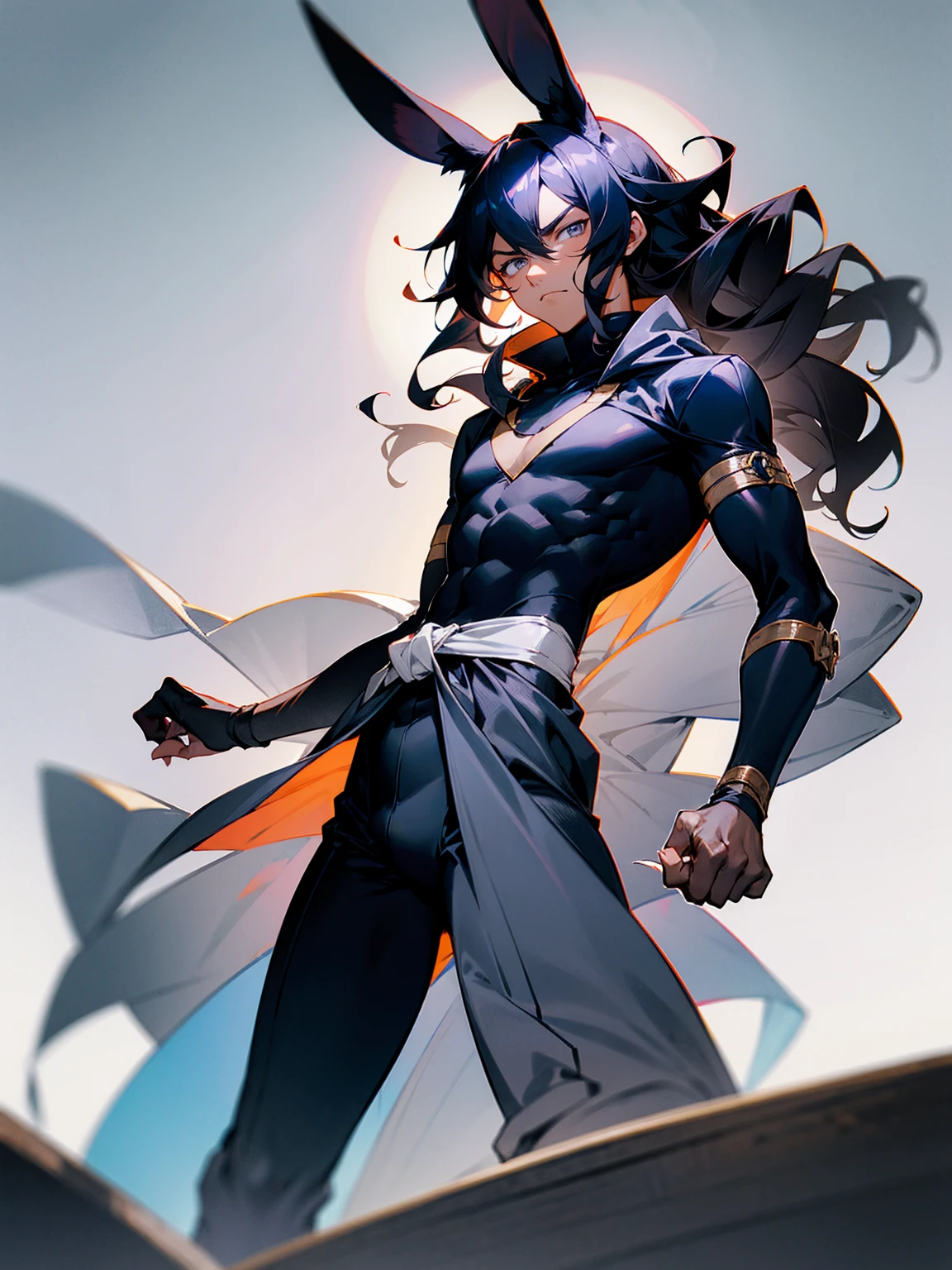 1male, young, dark skin, black hair, wavy middle parted hair, rabbit ears, grey eyes, lean build, black sweatshirt, black super suit, tied to waist, leg bracers, Japanese school, serious expression