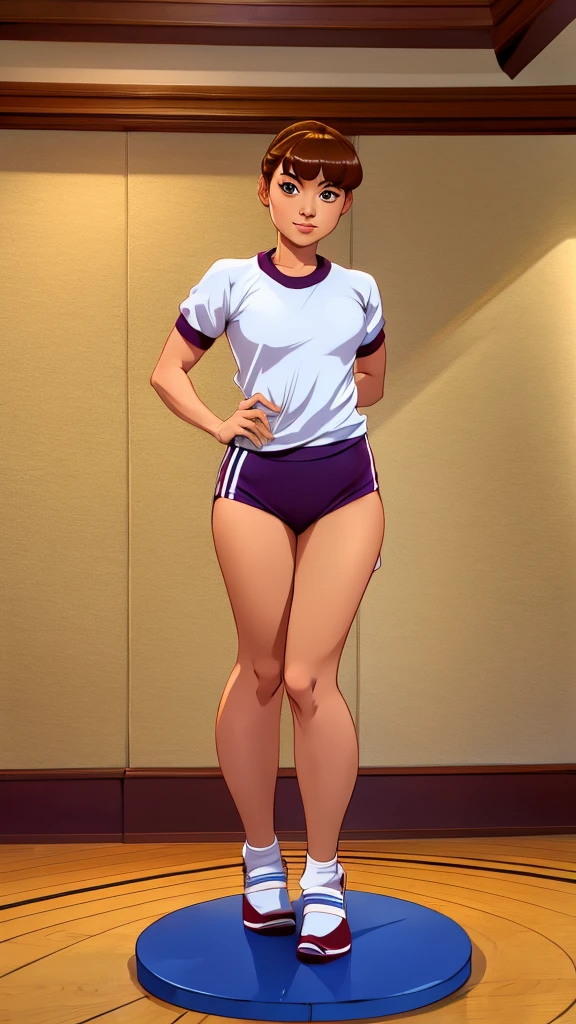 arafed lady in gym uniform, full body, standing.