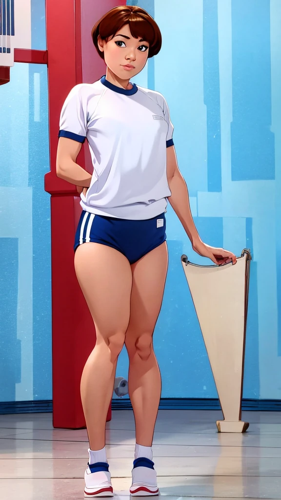 arafed lady in gym uniform, full body, standing.