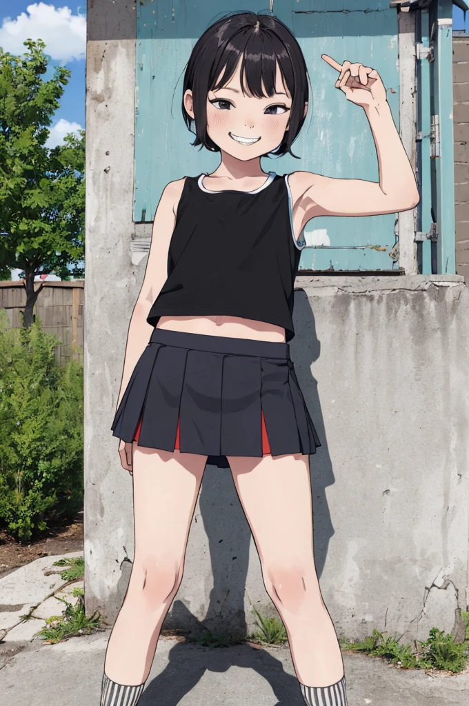 best quality, masterpiece, detailed,2d,flat color, 1girl,10yo,petit,grin,outdoor,(short miniskirt),sleeveless,socks,